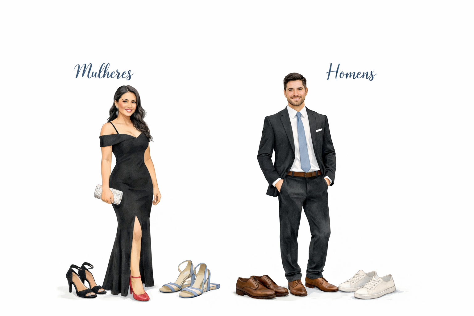 Referências de traje social completo para mulheres e homens